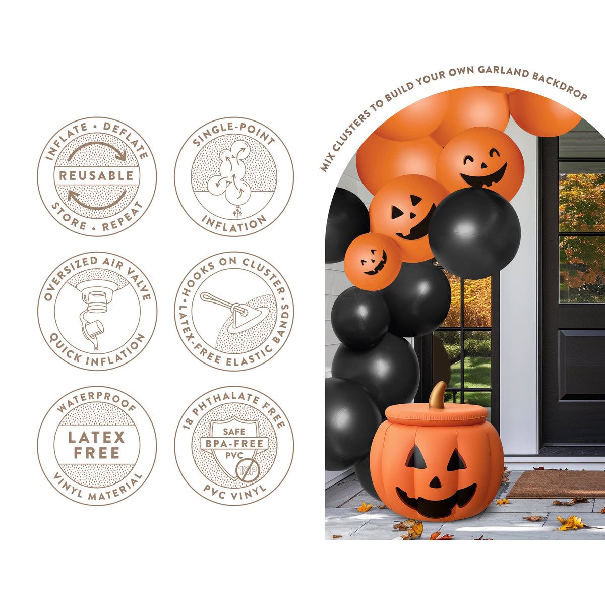 Balloon Garland: 5-Cluster in Carved Pumpkin Orange and Black • FINAL SALE